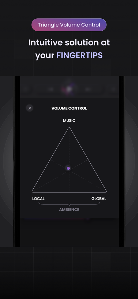 TableTone: TTRPG Music & Sound - Interfaz de la aplicación TableTone que muestra el control de volumen triangular intuitivo para equilibrar la música y el ambiente de TTRPG.