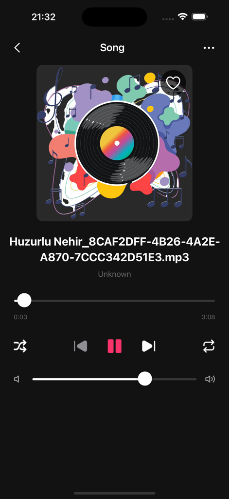DDMusic app playback screen showing mp3 file details and music controls
