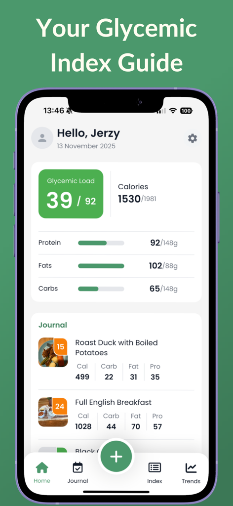 Glycemic Index Tracker LOGI - Logi app home screen showing glycemic load macro tracking and food journal entries
