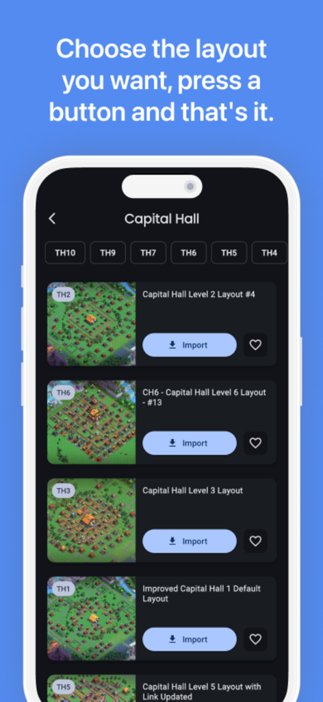 Interface do aplicativo Coc Studio mostrando layouts de bases do Salão da Capital para Clash of Clans com botões de importação