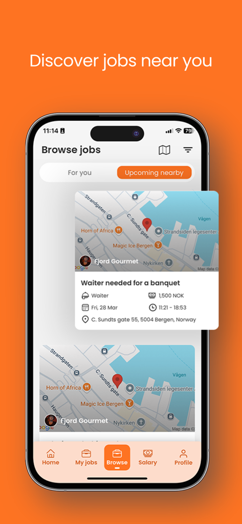 Time2Staff - Écran de l'application mobile Time2Staff montrant les emplois disponibles dans l'hôtellerie sur une vue cartographique avec un poste de serveur mis en évidence.