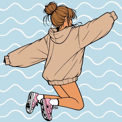realistic girl jumping with a bun and oversized sweatshirt