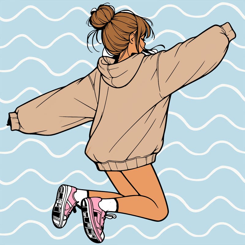 realistic girl jumping with a bun and oversized sweatshirt