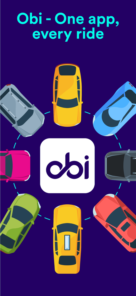 Obi - Get the cheapest ride. - Obi app logo surrounded by a circle of colorful cars representing different taxi and rideshare options.