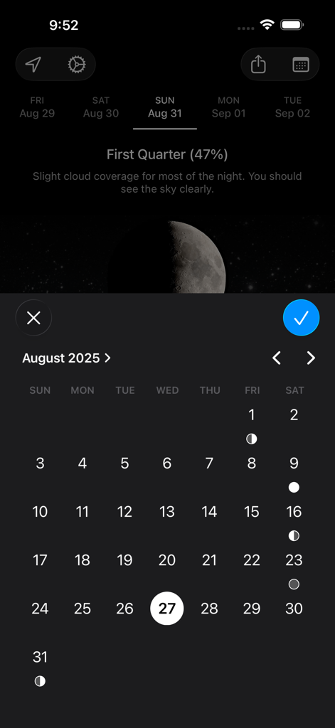 My Moon Phase - Lunar Calendar - Lunar calendar interface of the My Moon Phase app showing moon cycles and cloud coverage for August