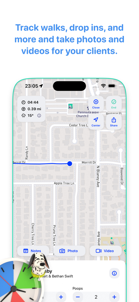 Walkies: Pet Sitting & Walking - Real-time GPS tracking of a dog walk on the Walkies app interface showing distance and duration.