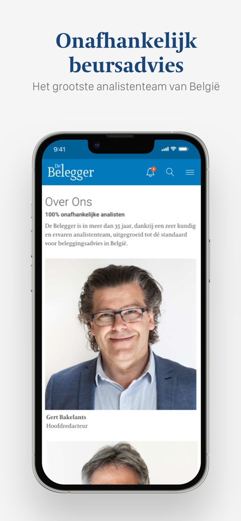Interfaccia dell'app De Belegger che mostra consigli indipendenti sul mercato azionario e profili di analisti esperti