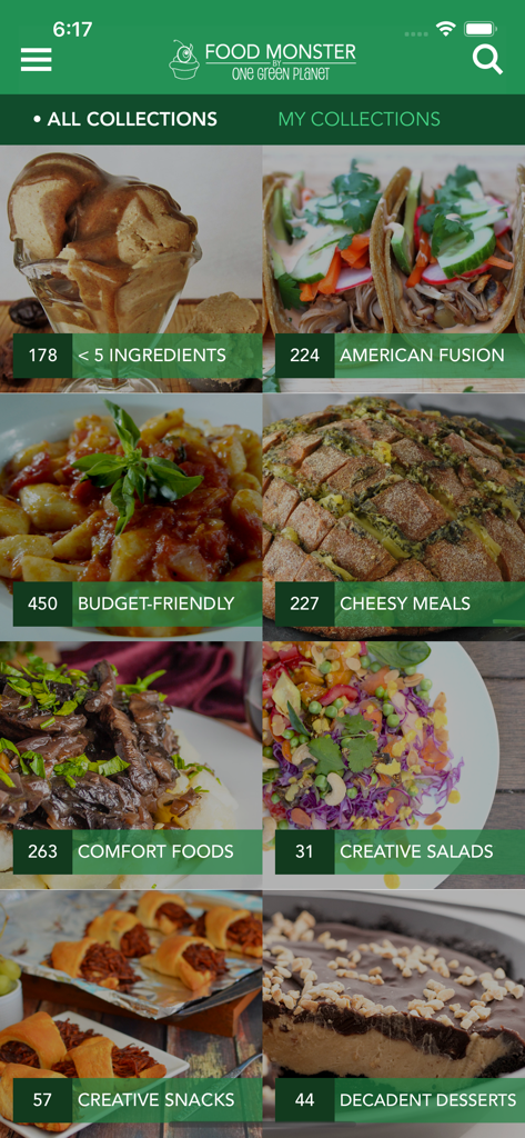 A grid of plant-based recipe collections in the Food Monster app showing categories like budget-friendly and decadent desserts.