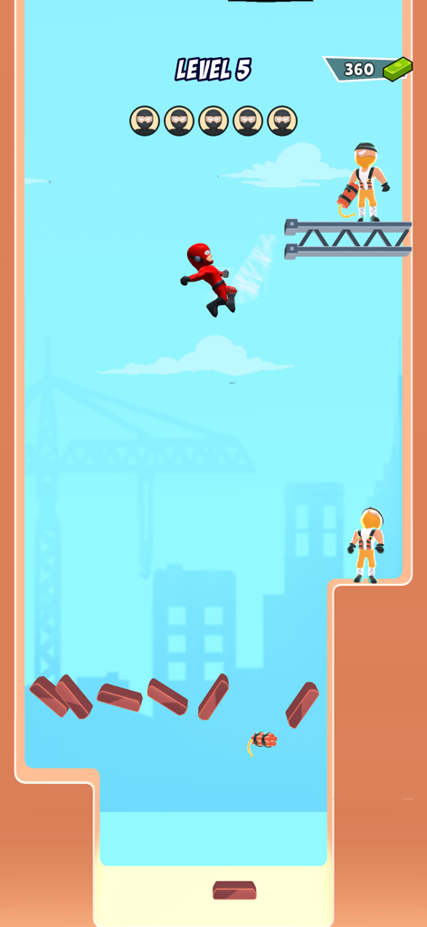 Personaje stickman rojo volando por el aire en un nivel urbano del juego Stickman Flying Master
