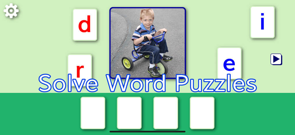 SPELLING MAGIC 4 for Schools - Educational word puzzle in Spelling Magic 4 app showing a boy on a bike with letter tiles to spell the word ride