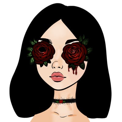 a realistic girl with roses for eyes