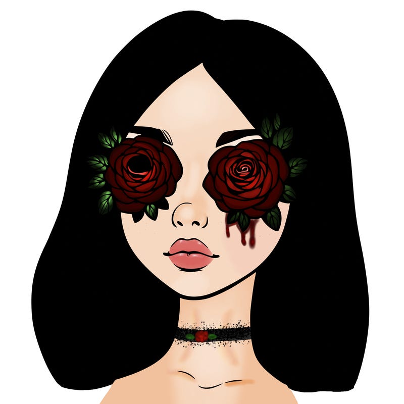 a realistic girl with roses for eyes