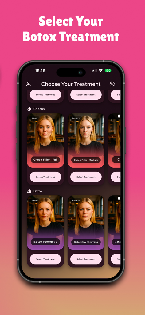 가상 미리보기를 위해 볼 필러 및 이마 보톡스 시뮬레이션과 같은 다양한 미용 시술 옵션을 표시하는 모바일 앱 인터페이스.