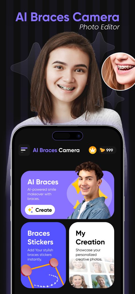 Smartphone screen showing the AI Braces Camera app interface with features for virtual braces and photo editing.