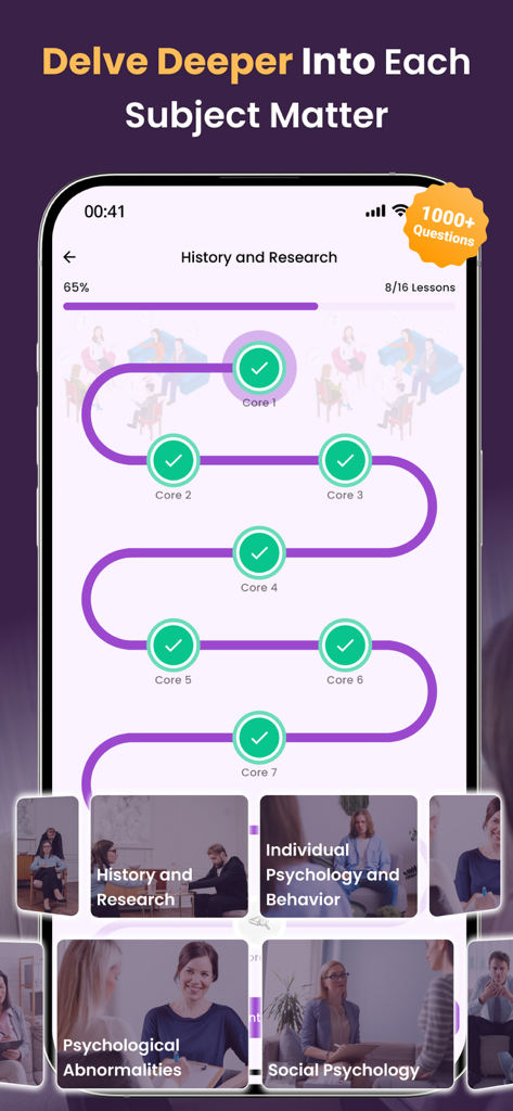 AP Psych Practice Test 2026 - Interfaz de la aplicación móvil de Psicología AP que muestra un camino de progreso de lecciones para el tema de Historia e Investigación junto con diferentes categorías de estudio.
