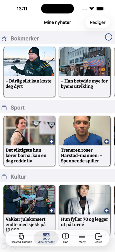 Harstad Tidende Nyheter - Exibição do aplicativo de notícias Harstad Tidende mostrando artigos de esportes e cultura