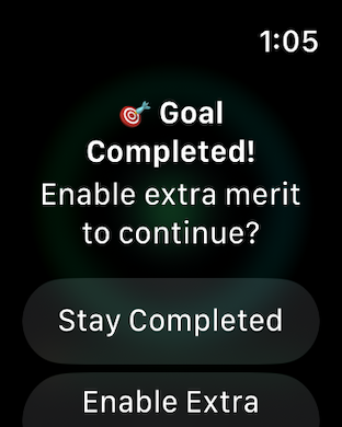 Daily Om Practice : ChantFlow - Apple Watch screen showing a goal completed message in the ChantFlow app with options to stay completed or enable extra merit