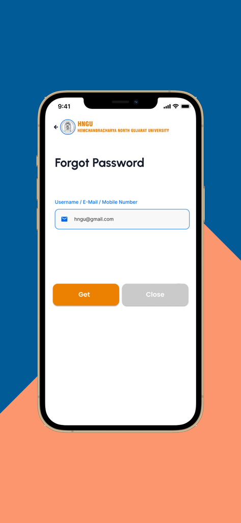 HNGU Official app forgot password recovery screen with email input field