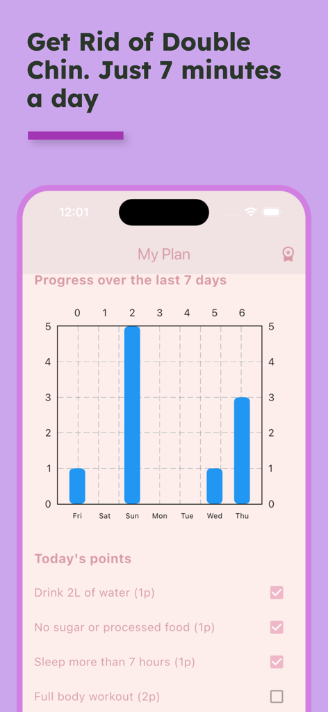 Slim Face - remove double chin - Interfaz de la aplicación Slim Face que muestra un gráfico de barras de progreso semanal y una lista de verificación de hábitos diarios para esculpir el rostro.