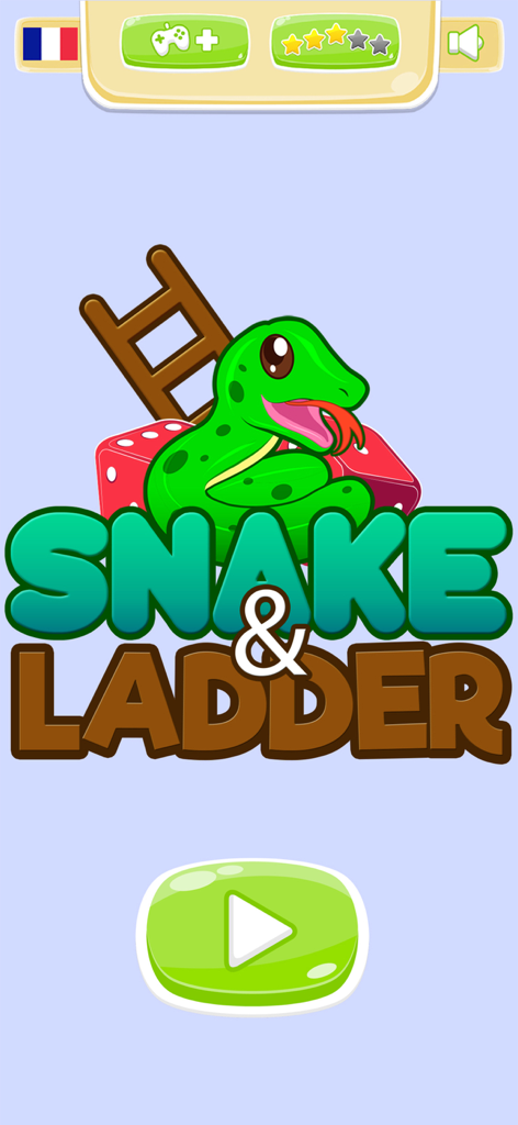 Pantalla de título del juego móvil Serpientes y Escaleras con una serpiente de dibujos animados y un botón de jugar