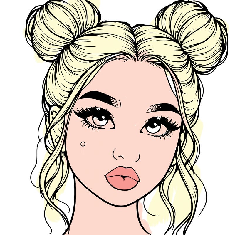 realistic girl with two buns on her hair and lips