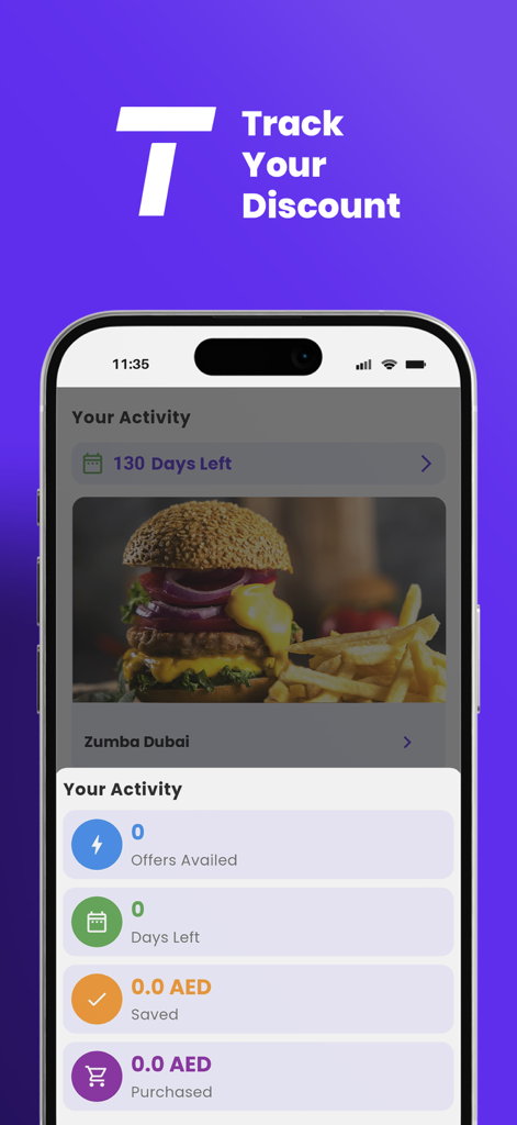 Tolaab - Un smartphone mostrando la pantalla de actividad de la aplicación Tolaab con ahorros rastreados y descuentos para estudiantes en comida.