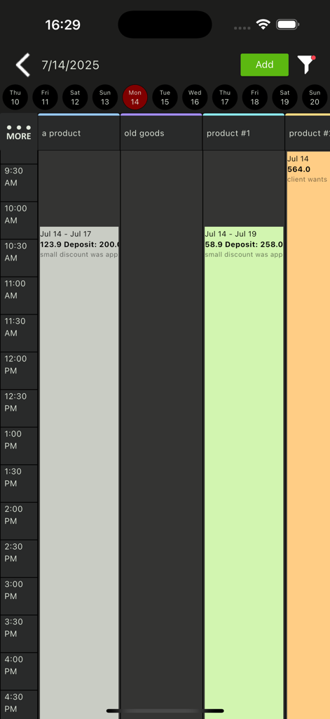 Interface de aplicativo móvel mostrando uma agenda visual diária para vários produtos de aluguel com detalhes de reserva