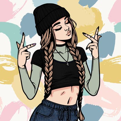 realistic teenage girl with braids and a beanie and crop top doing 🫶🏼