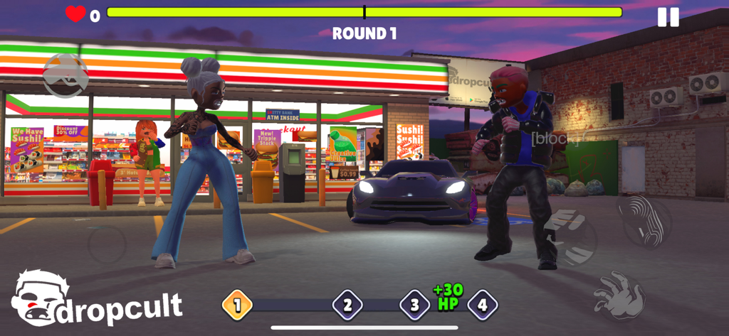 dropcult - A real-time fighting scene in dropcult showing two customized avatars in front of a convenience store with a sports car.