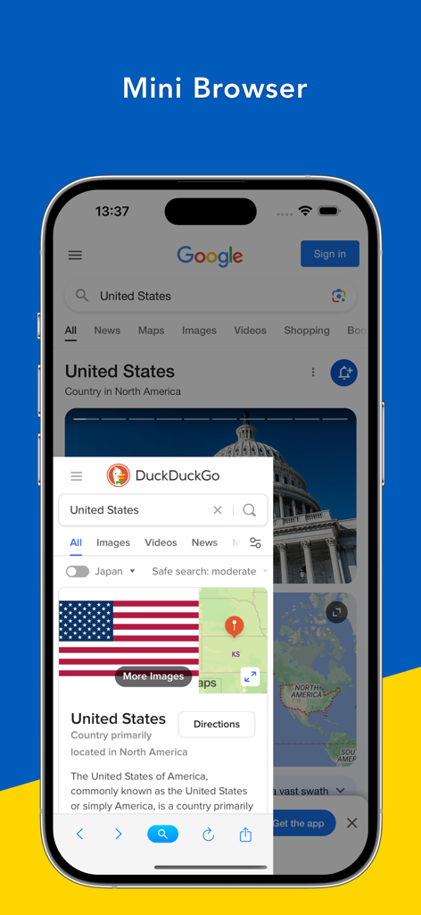 Search Ace - AI Browser - Search Ace mini browser feature showing multiple search results simultaneously