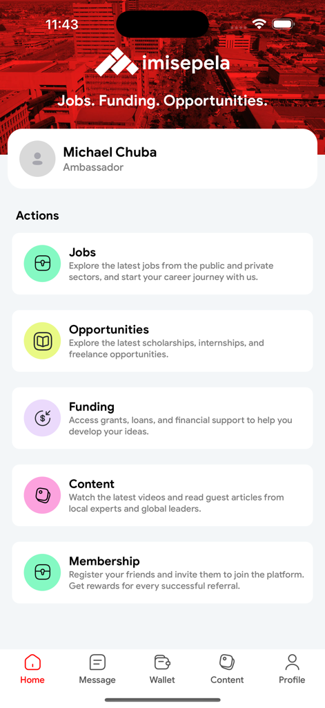 Dashboard of the Imisepela app showing career actions like jobs, opportunities, funding, and content.