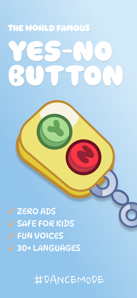 The Yes-No Button - A digital toy interface showing a yellow remote with green yes and red no buttons, featuring zero ads and kid safe design