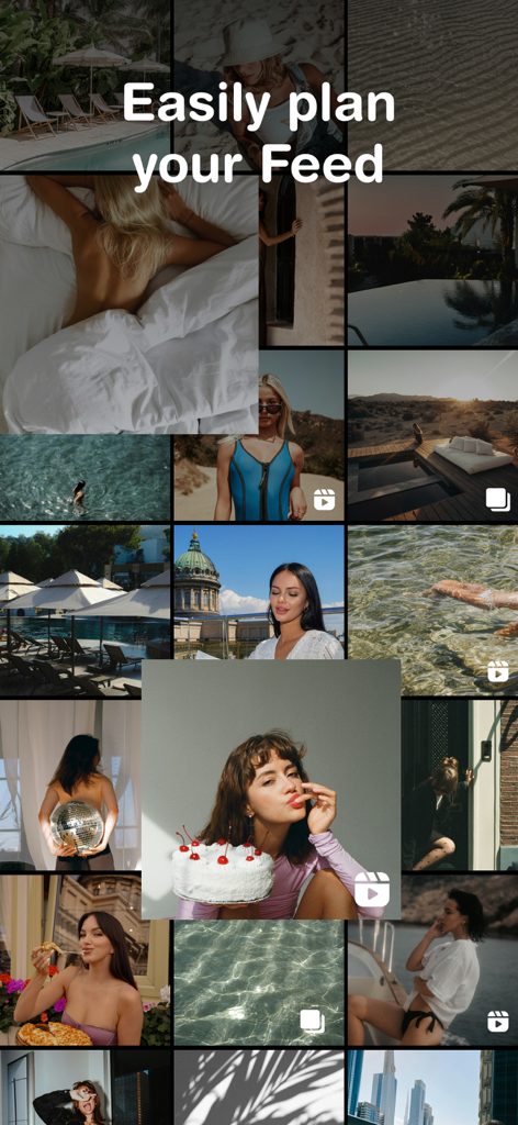A curated social media grid showing a variety of aesthetic lifestyle photos and the text Easily plan your Feed