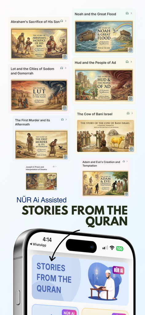 Quran Majeed NUR AI & Tafsir - A smartphone interface showing a gallery of illustrated stories from the Quran assisted by NUR AI including Noah and Abraham.