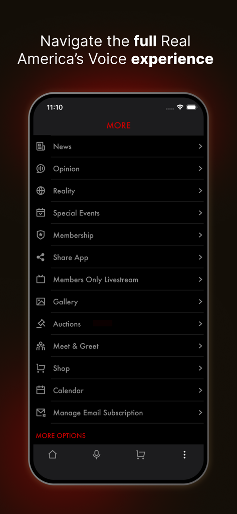Real America’s Voice News - Real Americas Voice News app navigation menu showing features like news, opinion, special events, membership, and auctions.