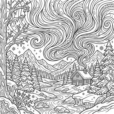 Journey into a stunning winter scene where the magic of the Northern Lights meets a peaceful snowy landscape. This intricate coloring page invites you to bring vibrant hues to a cozy cabin nestled under swirling geomagnetic storm skies.