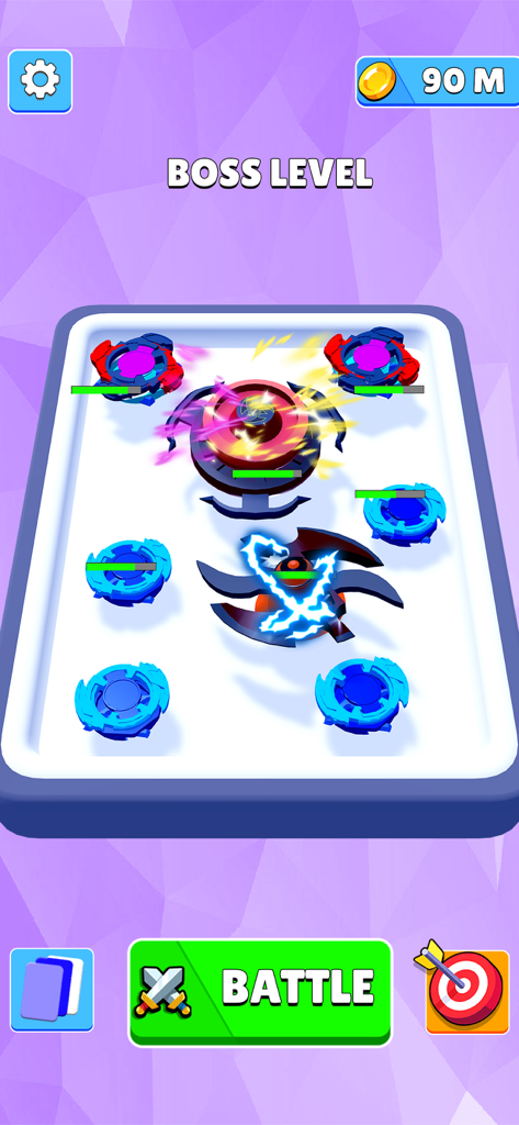 Merge Battle Spinner Simulator - Juego de nivel de jefe en Simulador de Batalla de Spinners mostrando una batalla estratégica con múltiples spinners