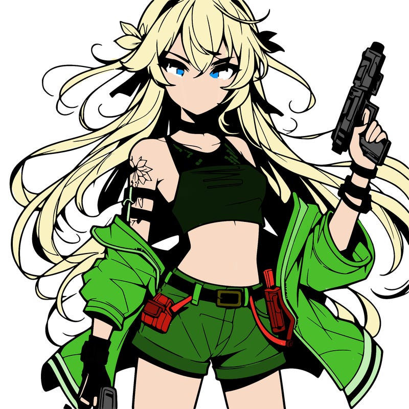 bad girl wearing crop top holding a gun long hair anime