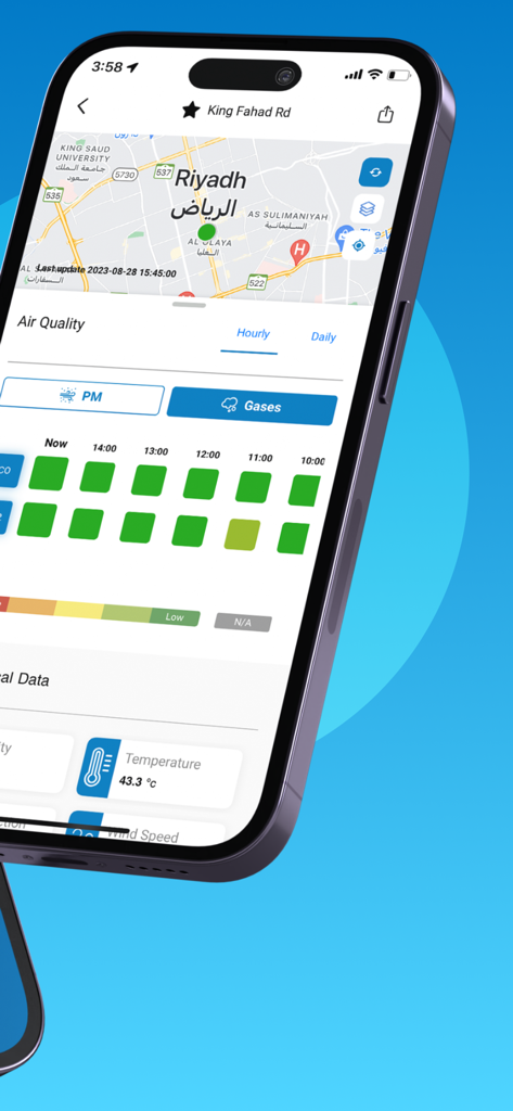 Mobile app interface for Riyadh air quality and noise monitoring showing a map and real-time environmental data