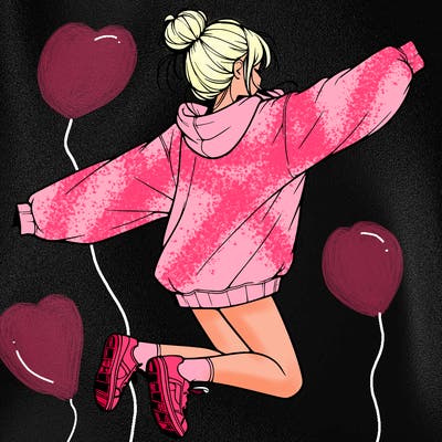 realistic girl jumping with a bun and oversized sweatshirt