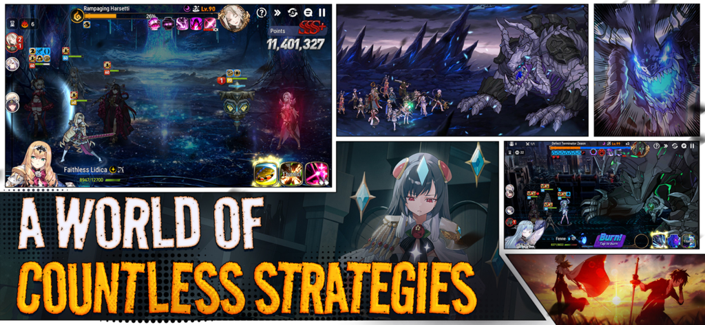 Epic Seven collage showing strategic turn-based battles and high-quality 2D anime animations