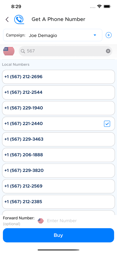 The Call Portal & Phone Number - 비즈니스 캠페인을 위한 미국 지역 전화번호를 선택하고 구매하는 모바일 인터페이스