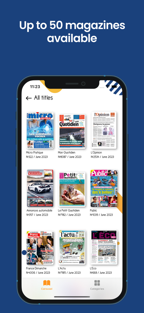 Discover Press app interface displaying a grid of available digital magazines on an iPhone screen.