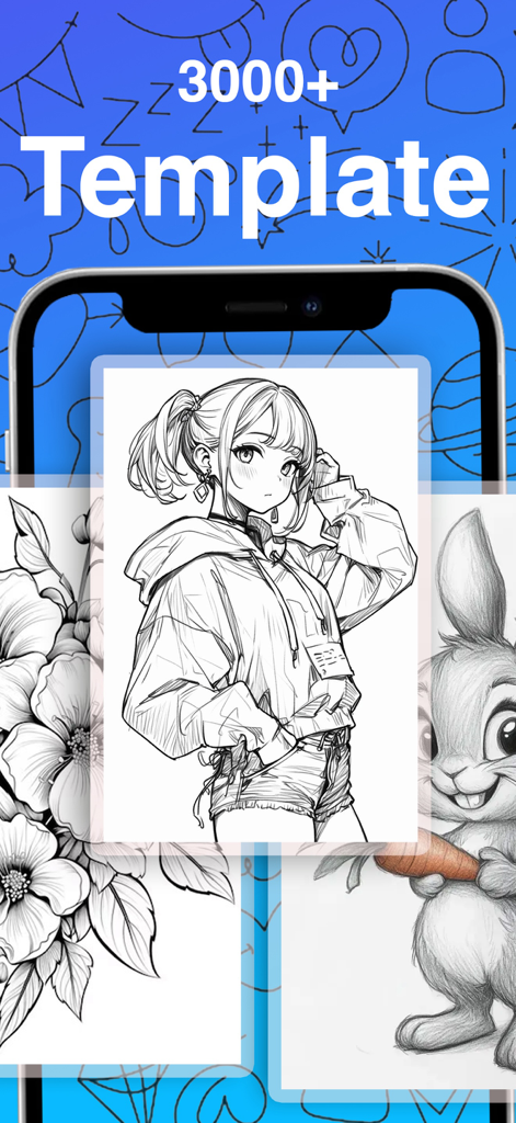 AR Drawing Sketch Painting - AR Drawing app screen displaying various drawing templates including an anime girl flowers and a cartoon rabbit
