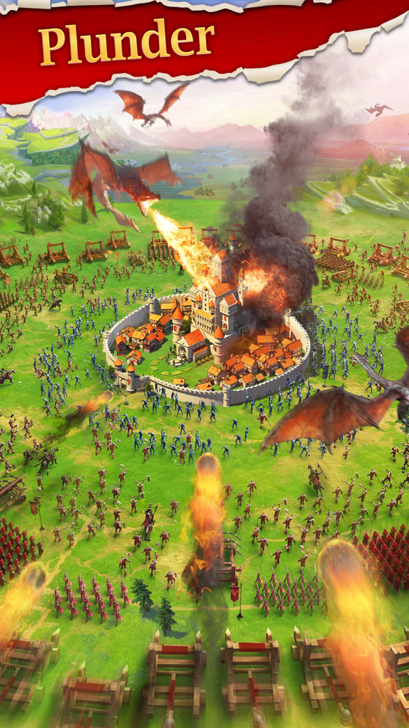 Medieval siege gameplay in Kings Empire Deluxe featuring dragons and armies attacking a castle