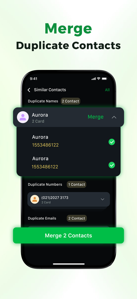 Device Care: Storage & Battery - Interface of the Device Care app displaying a feature to identify and merge duplicate contacts on an iPhone