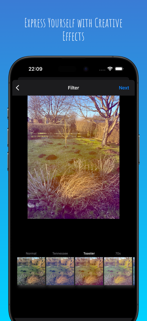 Flashes for Bluesky - A smartphone interface showing a photo being edited with creative filters in the Flashes for Bluesky app