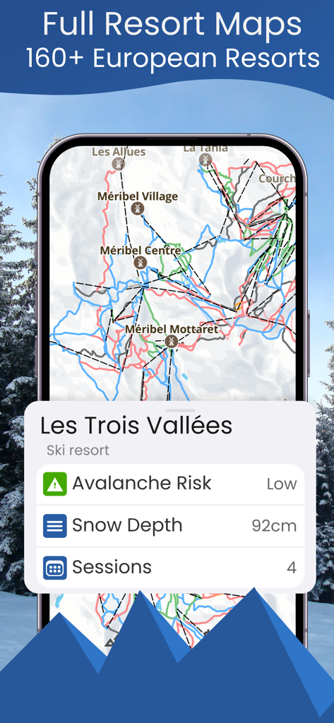 Piste: Ski Tracker - L'application Piste montrant une carte détaillée d'une station de ski des Trois Vallées avec des statistiques sur le risque d'avalanche et la profondeur de la neige.