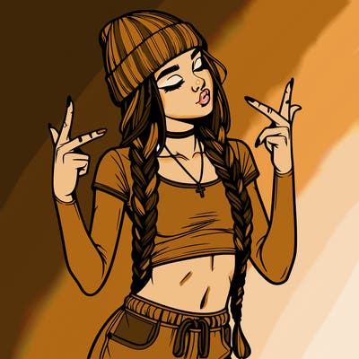 realistic teenage girl with braids and a beanie and crop top doing 🫶🏼