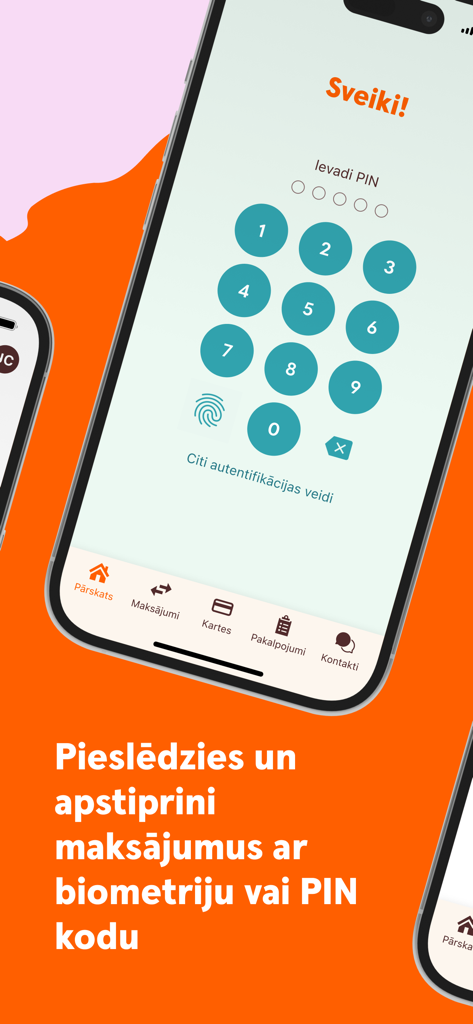 Swedbank Latvija mobile app login screen featuring a PIN keypad and fingerprint biometric authentication